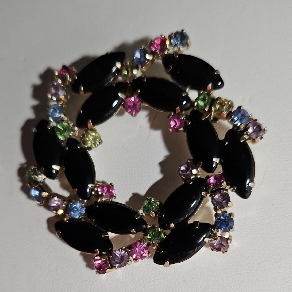 Black and Blue Wreath Brooch with Colorful Accents